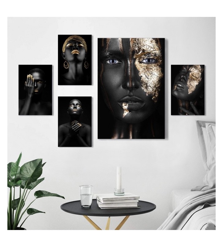 Σύνθεση με πίνακες Καμβάδες με Πρόσωπα Ασπρόμαυρα - Χρυσά - 4 Τεμάχια 30x 20 & 1 Tεμάχιο 60 X 40