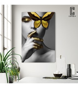 Πίνακας σε καμβά Woman And Butterfly Black And Yellow Tones