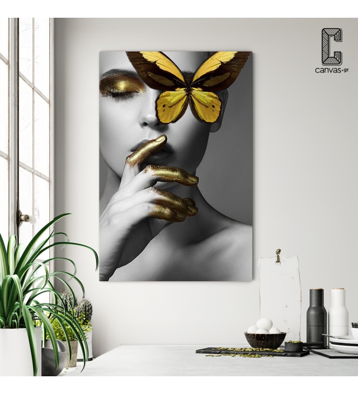 Πίνακας σε καμβά Woman And Butterfly Black And Yellow Tones